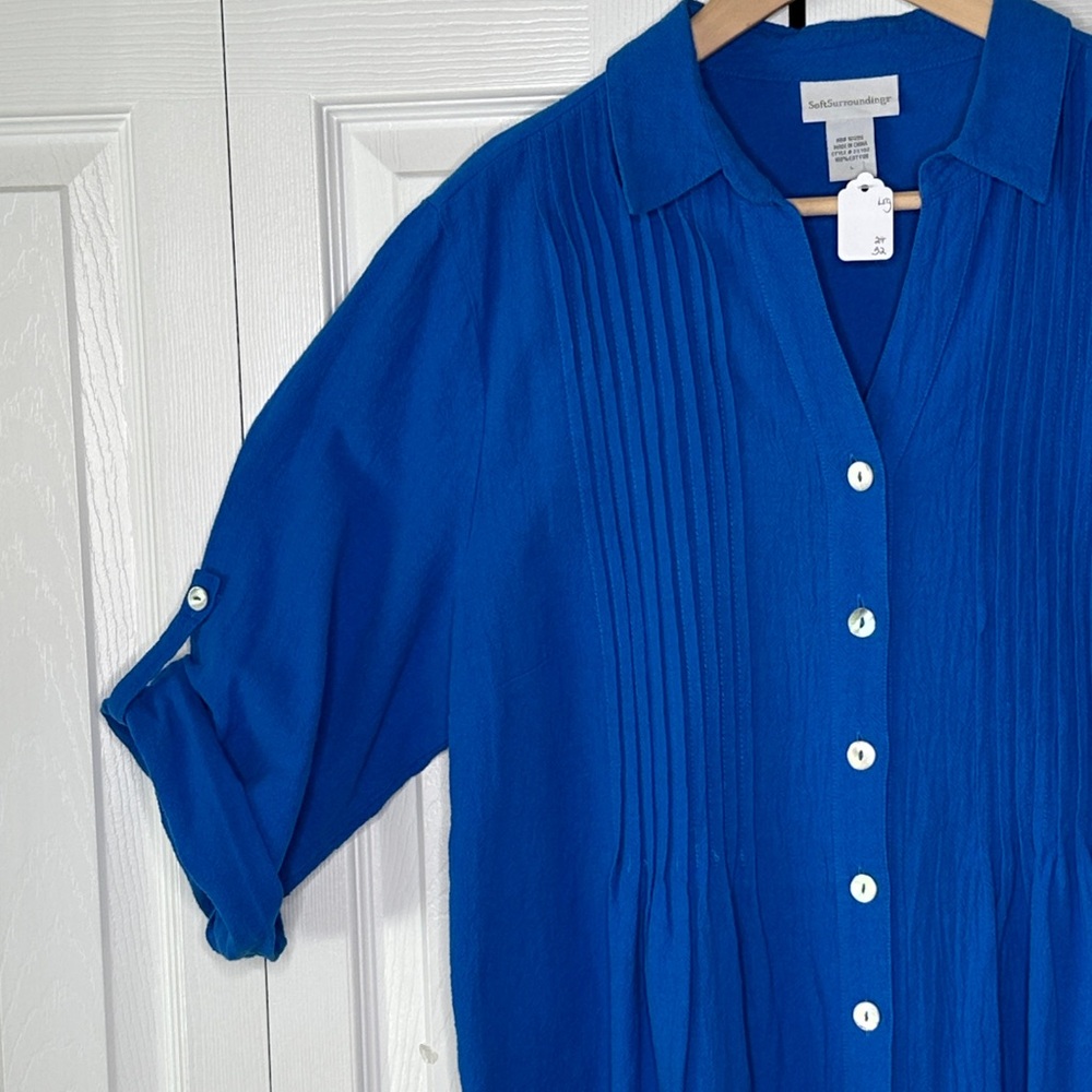 Soft Surroundings 100% Cotton Royal Blue Button Down Tunic Feminine & Flattering - Picture 2 of 9